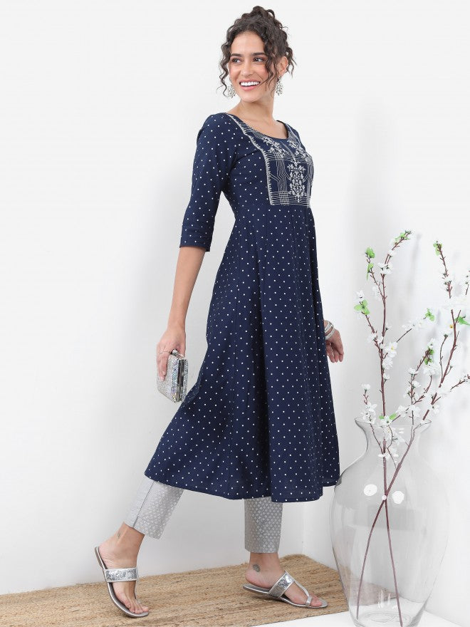 Vishudh Women Navy Blue Printed A-Line Kurta - Navy Blue - Image 4