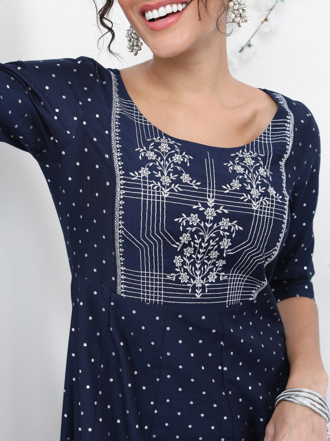 Vishudh Women Navy Blue Printed A-Line Kurta - Navy Blue - Image 5