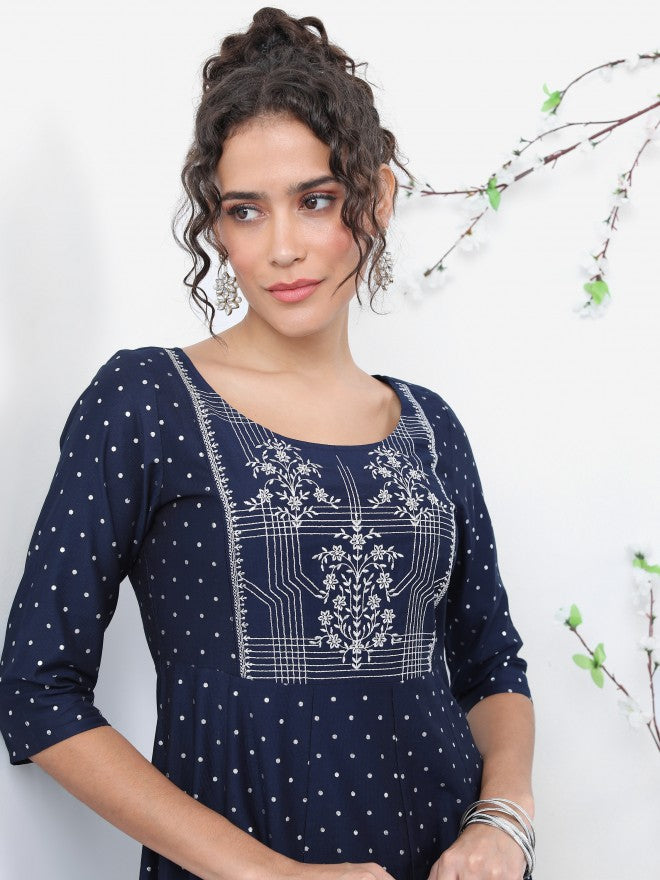 Vishudh Women Navy Blue Printed A-Line Kurta - Navy Blue - Image 6