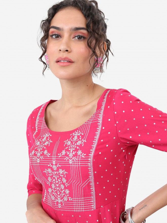 Vishudh Women Pink Printed A-Line Kurta - Pink - Image 2