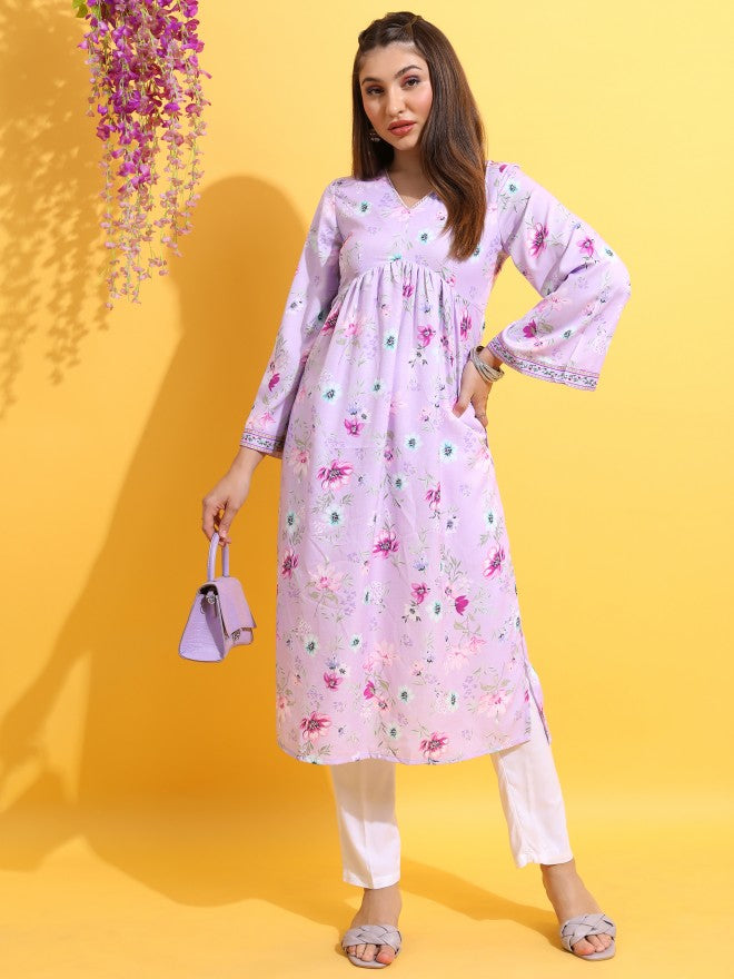 Vishudh Women Lavender Printed A-Line Kurta - Lavender - Image 1