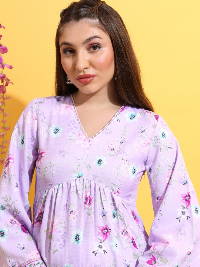 Vishudh Women Lavender Printed A-Line Kurta - Lavender - Image 2