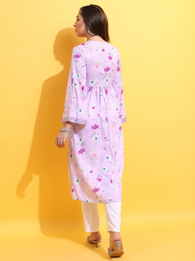 Vishudh Women Lavender Printed A-Line Kurta - Lavender - Image 3
