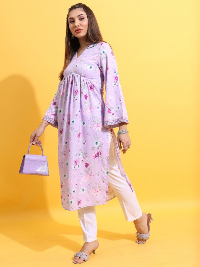 Vishudh Women Lavender Printed A-Line Kurta - Lavender - Image 4