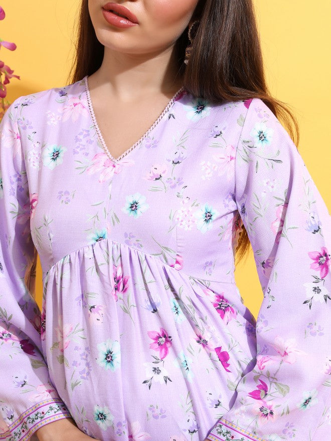 Vishudh Women Lavender Printed A-Line Kurta - Lavender - Image 5