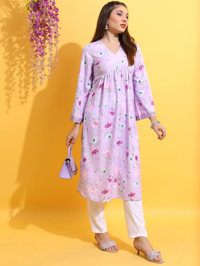 Vishudh Women Lavender Printed A-Line Kurta - Lavender - Image 6