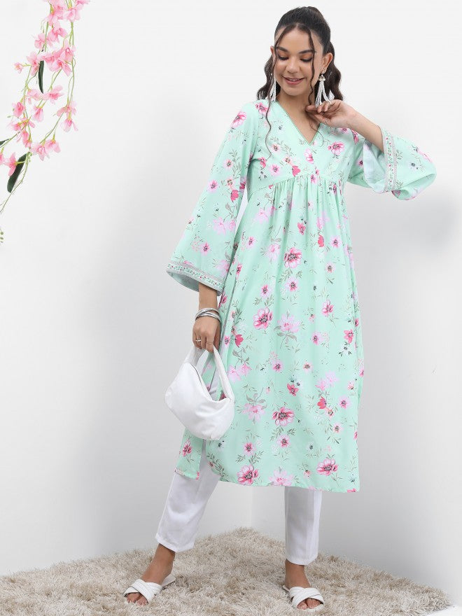Vishudh Women Blue Printed A-Line Kurta - Blue - Image 1