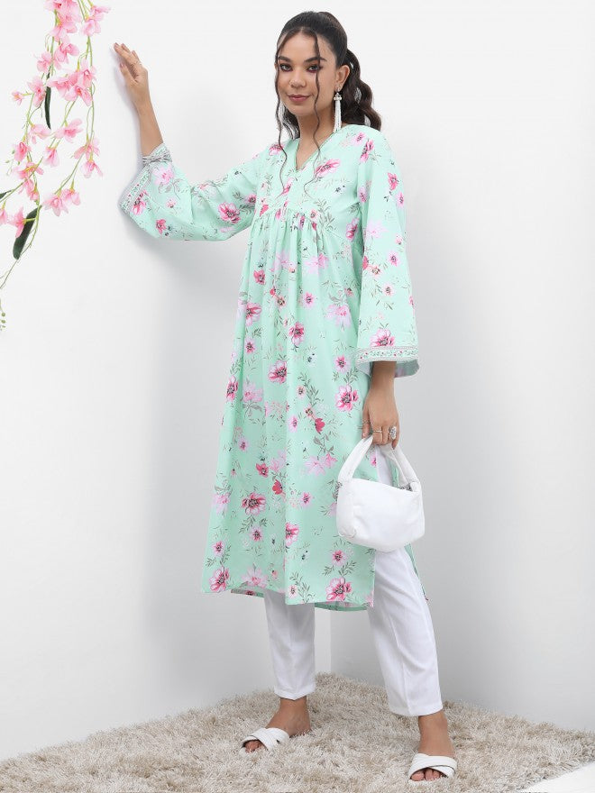 Vishudh Women Blue Printed A-Line Kurta - Blue - Image 2