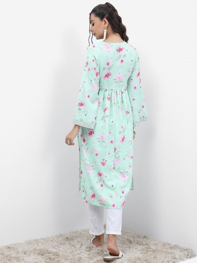 Vishudh Women Blue Printed A-Line Kurta - Blue - Image 3