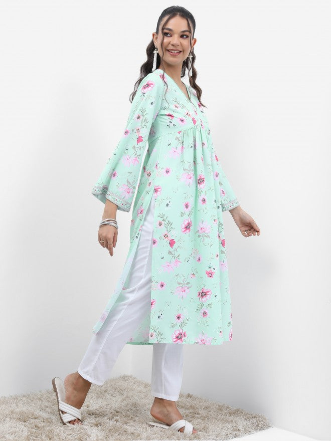 Vishudh Women Blue Printed A-Line Kurta - Blue - Image 4