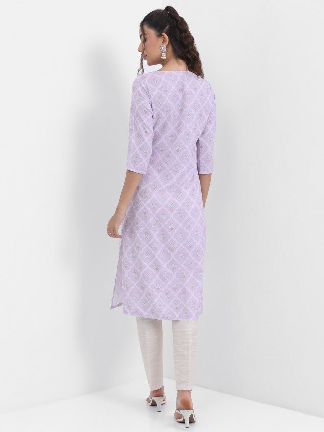 Vishudh Women Lavender Printed Straight Kurta - Lavender - Image 3