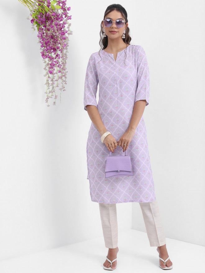 Vishudh Women Lavender Printed Straight Kurta - Lavender - Image 4