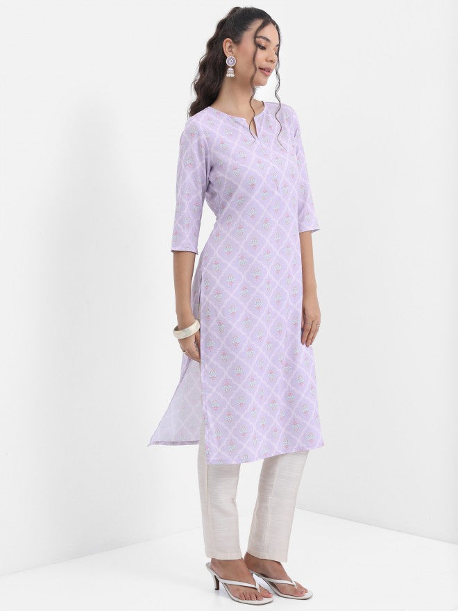 Vishudh Women Lavender Printed Straight Kurta - Lavender - Image 5