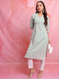 Vishudh Women Blue Striped Straight Kurta - Blue - Image 1