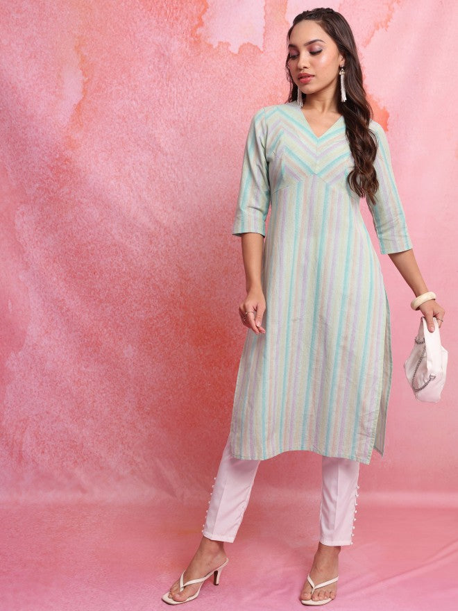Vishudh Women Blue Striped Straight Kurta - Blue - Image 2