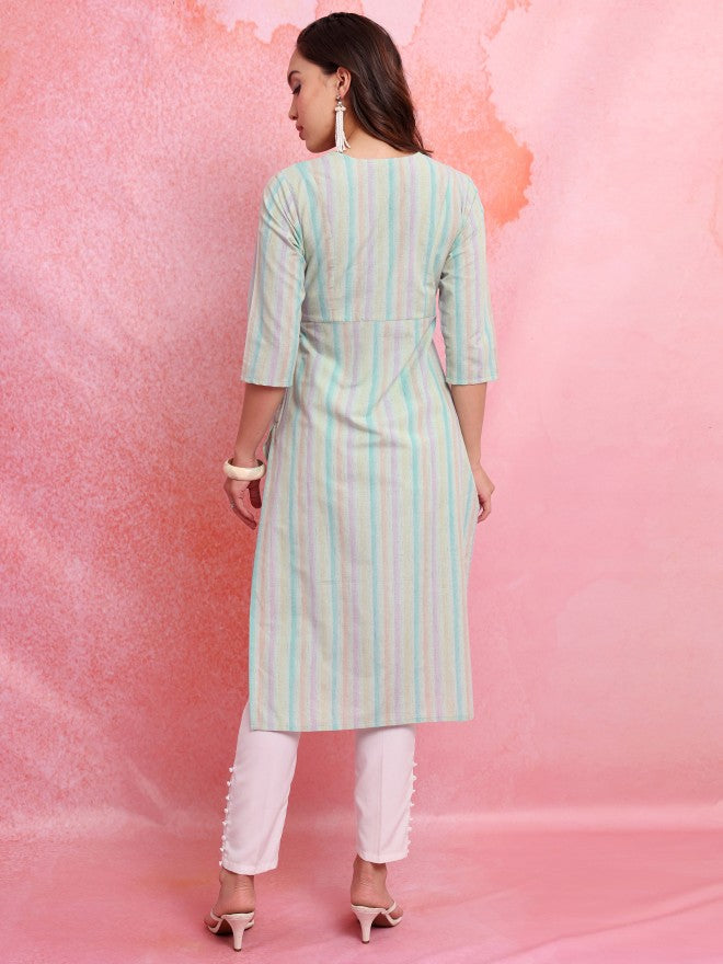Vishudh Women Blue Striped Straight Kurta - Blue - Image 3