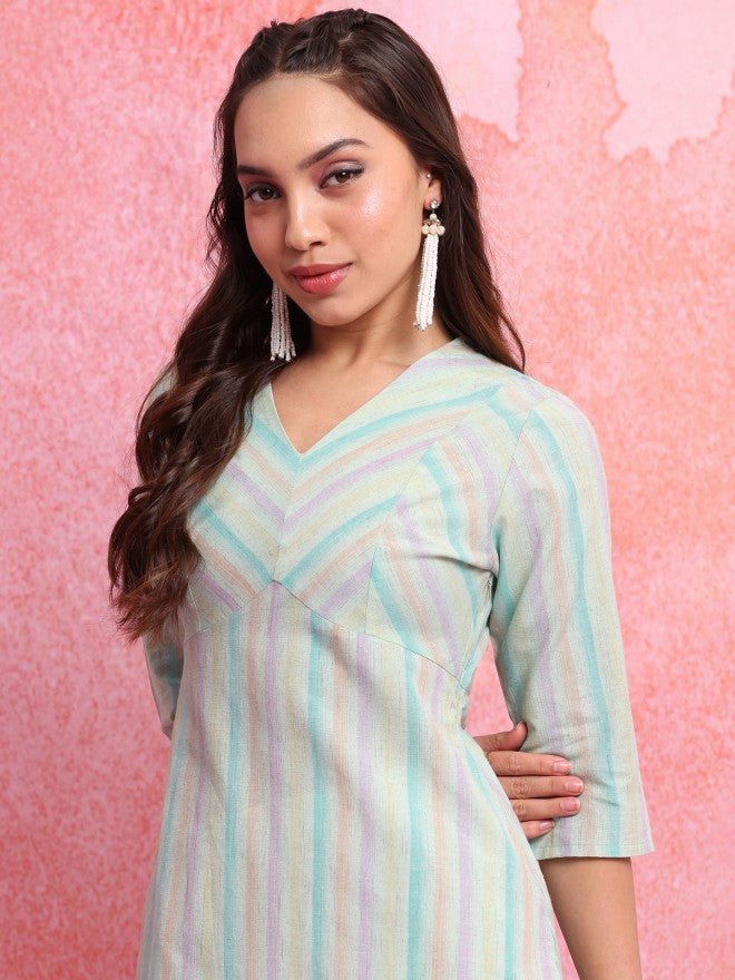 Vishudh Women Blue Striped Straight Kurta - Blue - Image 6