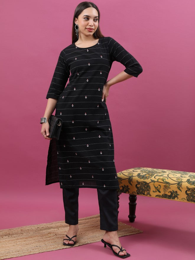 Vishudh Women Black Striped Straight Kurta - Black - Image 1