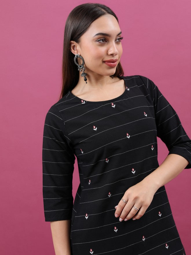 Vishudh Women Black Striped Straight Kurta - Black - Image 2