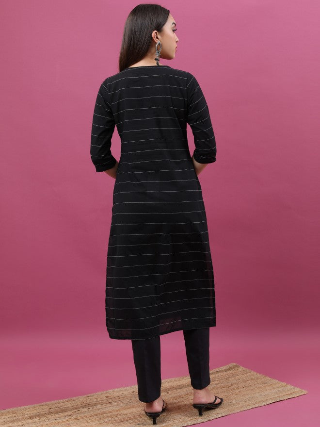 Vishudh Women Black Striped Straight Kurta - Black - Image 3