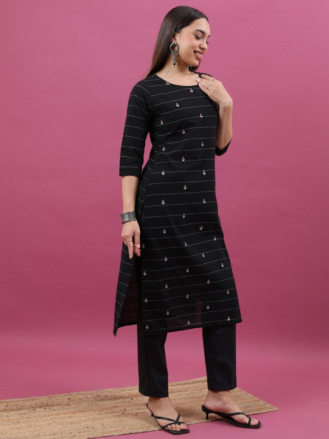 Vishudh Women Black Striped Straight Kurta - Black - Image 4