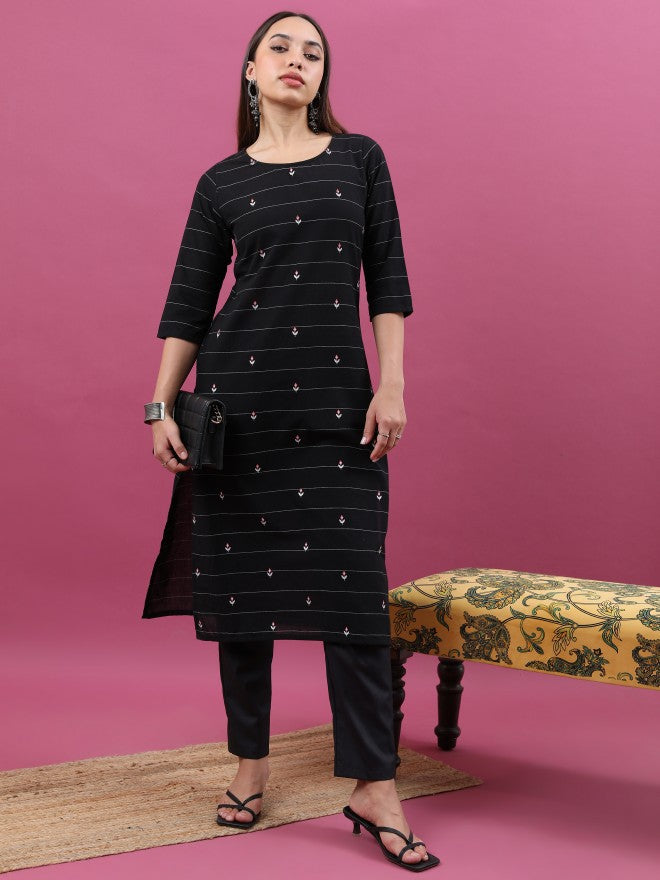 Vishudh Women Black Striped Straight Kurta - Black - Image 5