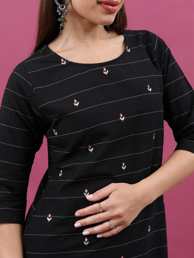 Vishudh Women Black Striped Straight Kurta - Black - Image 6