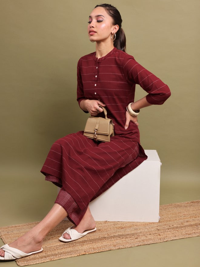 Vishudh Women Maroon Striped Straight Kurta - Maroon - Image 1