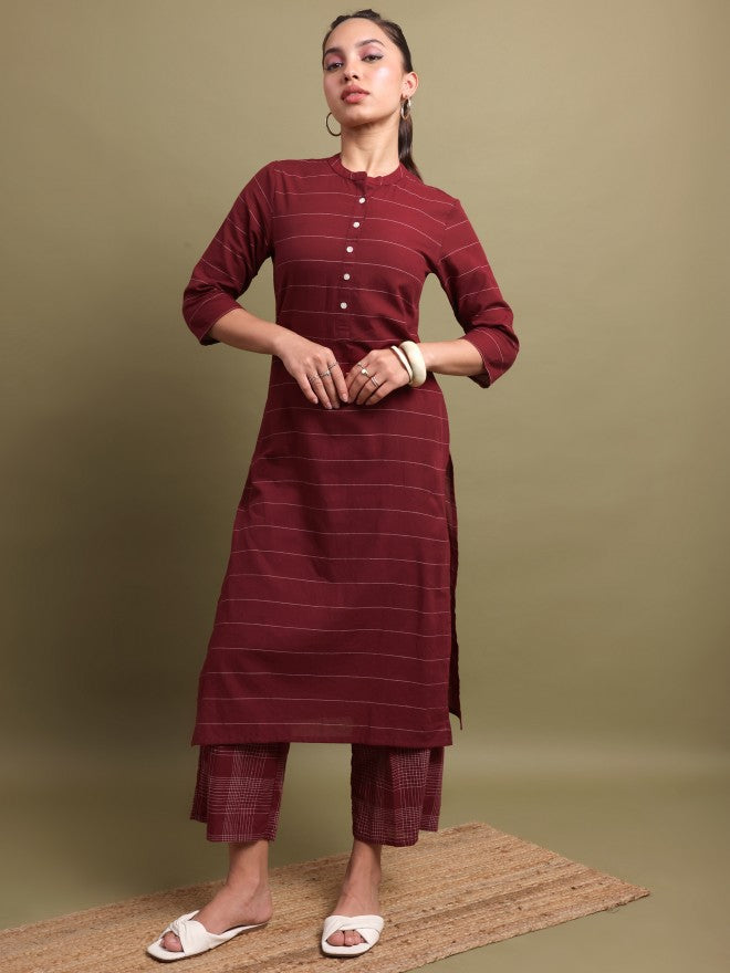 Vishudh Women Maroon Striped Straight Kurta - Maroon - Image 2