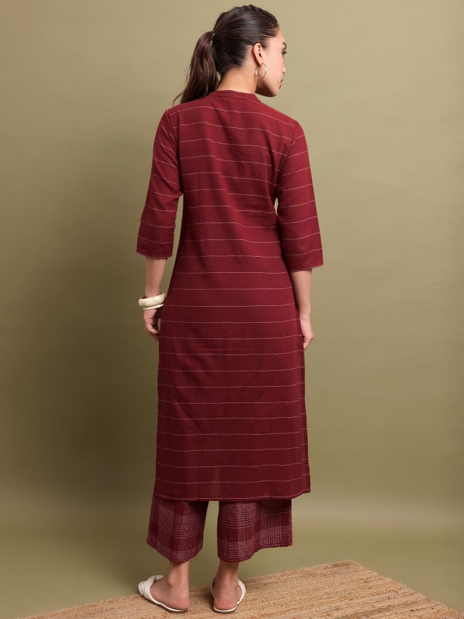 Vishudh Women Maroon Striped Straight Kurta - Maroon - Image 3