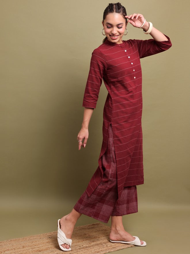 Vishudh Women Maroon Striped Straight Kurta - Maroon - Image 4