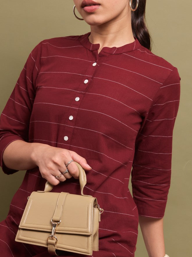 Vishudh Women Maroon Striped Straight Kurta - Maroon - Image 5