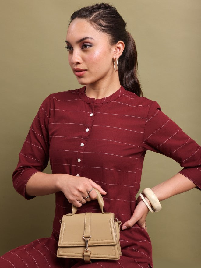Vishudh Women Maroon Striped Straight Kurta - Maroon - Image 6