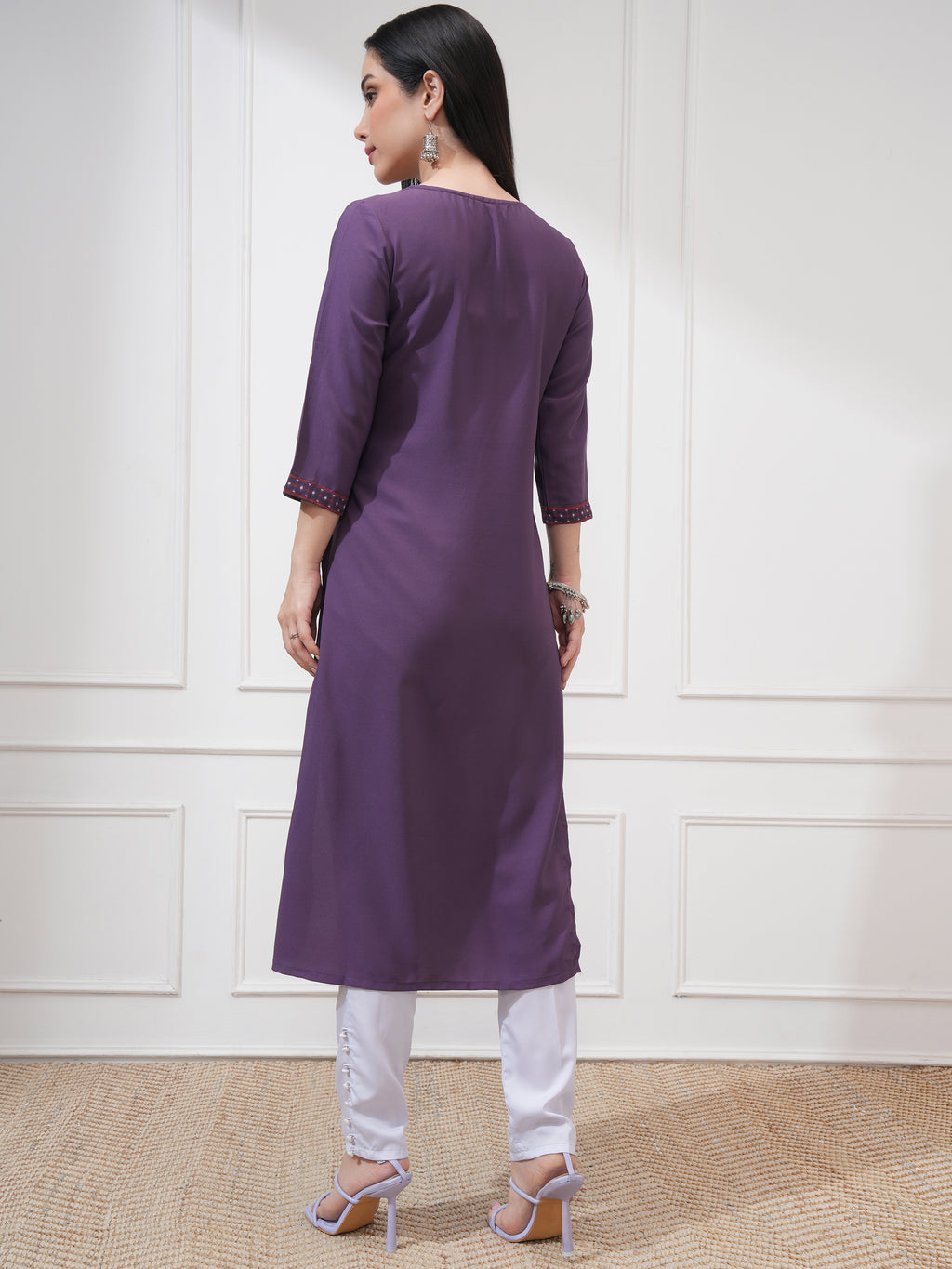 Vishudh Women Purple Printed Straight Kurta - Purple - Image 3
