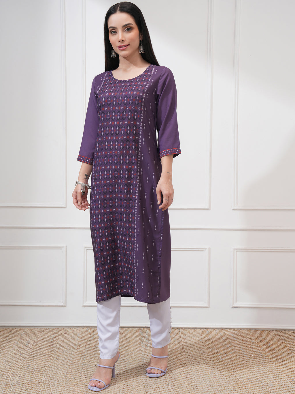 Vishudh Women Purple Printed Straight Kurta - Purple - Image 4