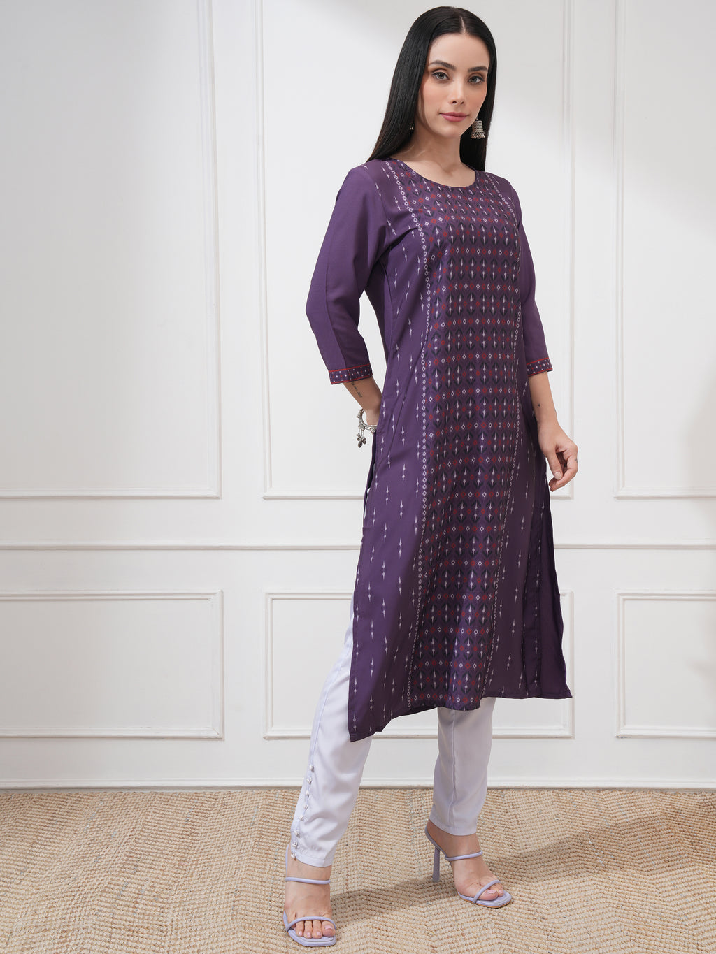 Vishudh Women Purple Printed Straight Kurta - Purple - Image 6