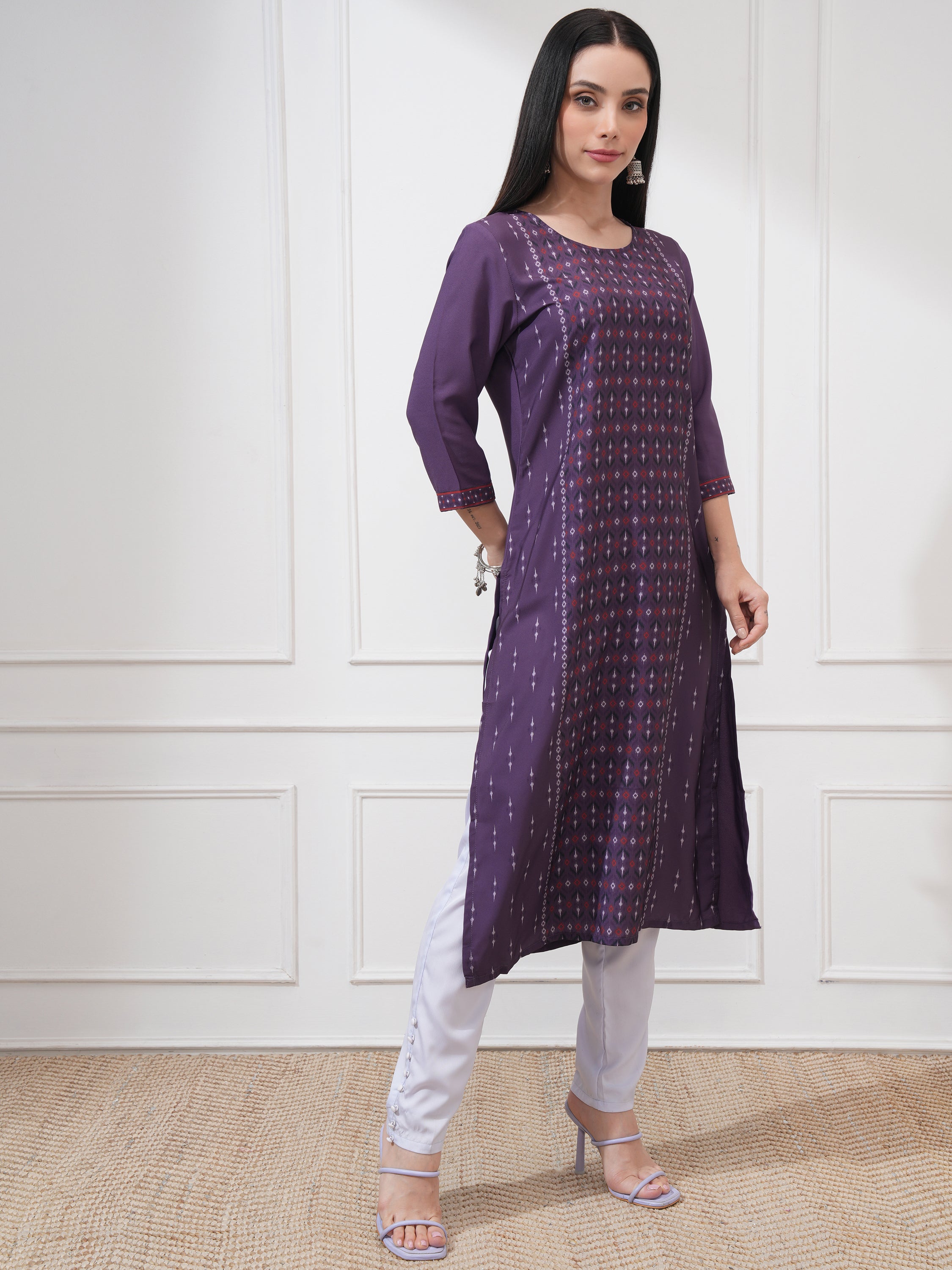 Vishudh Women Purple Printed Straight Kurta - Purple - Image 6