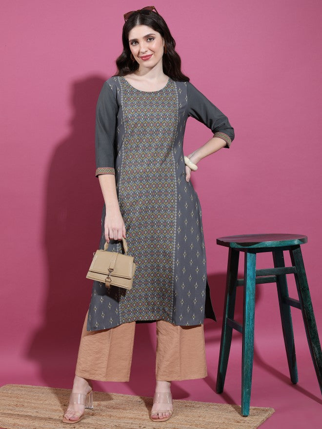 Vishudh Women Charcoal Printed Straight Kurta - Charcoal - Image 1