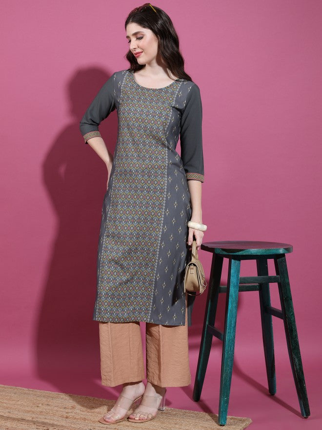 Vishudh Women Charcoal Printed Straight Kurta - Charcoal - Image 2