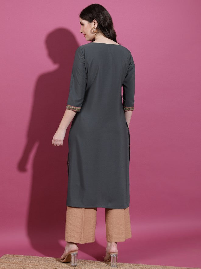 Vishudh Women Charcoal Printed Straight Kurta - Charcoal - Image 3
