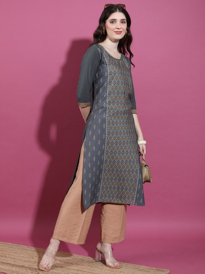 Vishudh Women Charcoal Printed Straight Kurta - Charcoal - Image 4