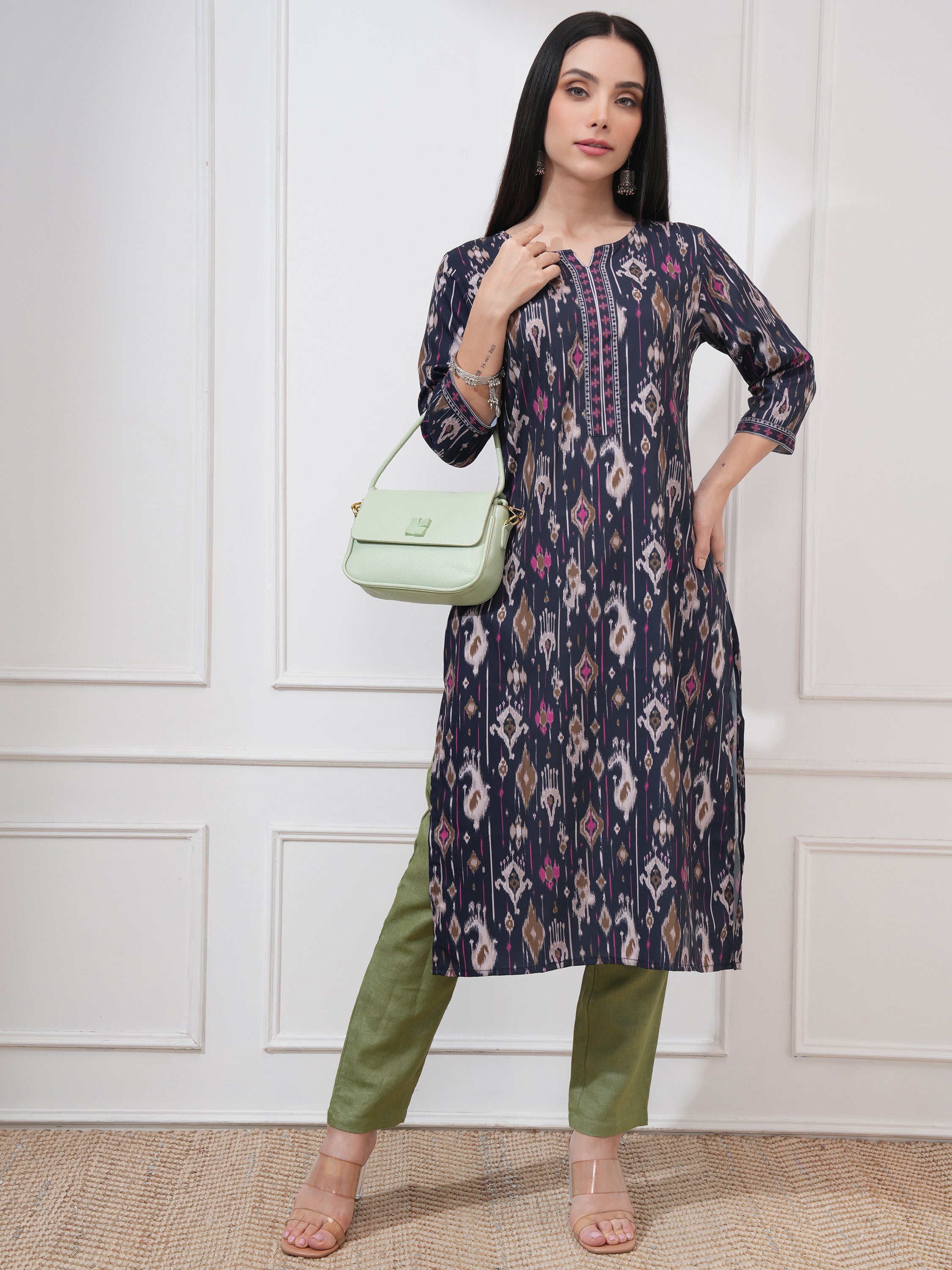 Vishudh Women Blue Printed Straight Kurta - Blue - Image 2