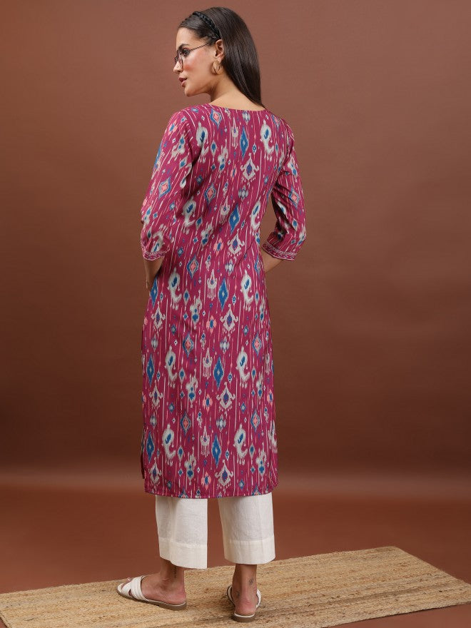Vishudh Women Magenta Printed Straight Kurta - Magenta - Image 3