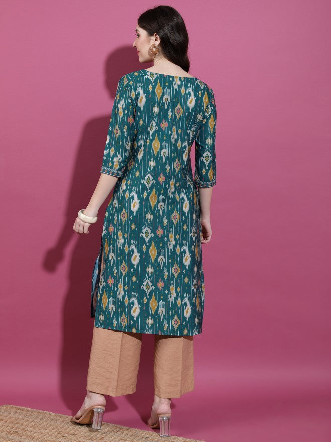Vishudh Women Green Printed Straight Kurta - Green - Image 3