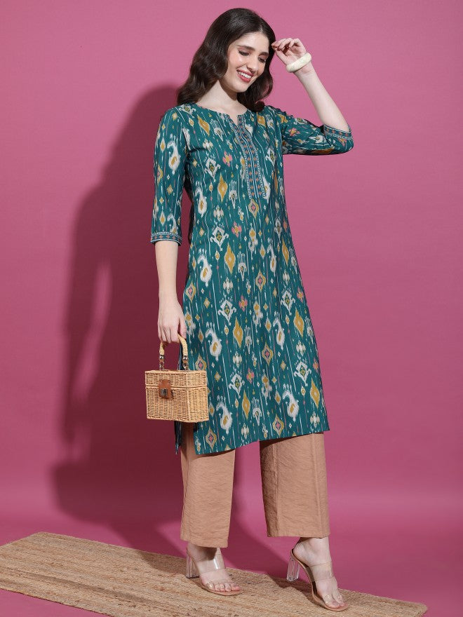 Vishudh Women Green Printed Straight Kurta - Green - Image 4