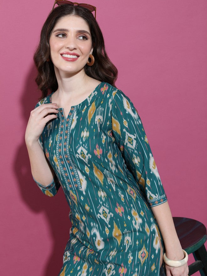 Vishudh Women Green Printed Straight Kurta - Green - Image 6
