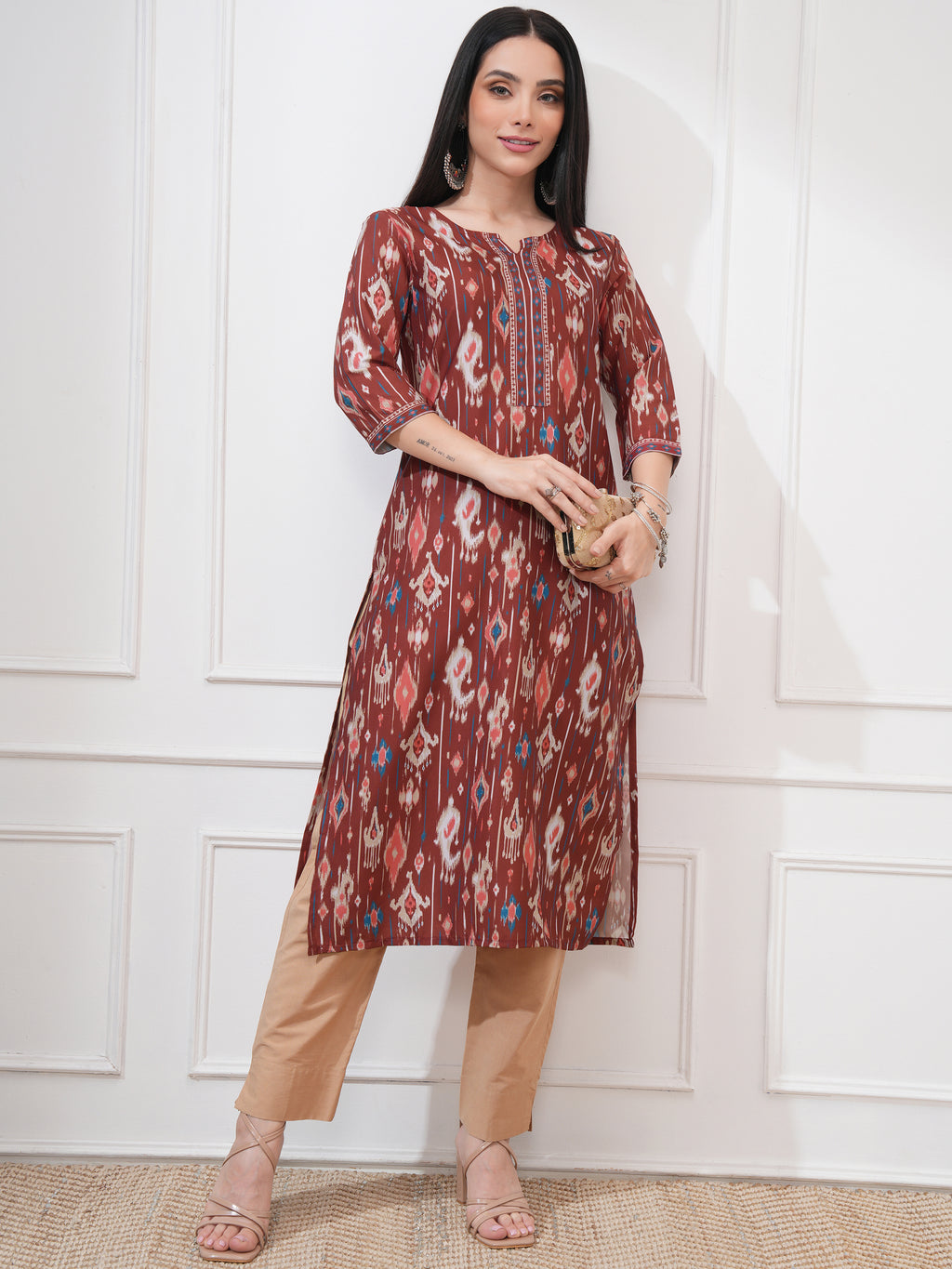 Vishudh Women Brown Printed Straight Kurta - Brown - Image 2