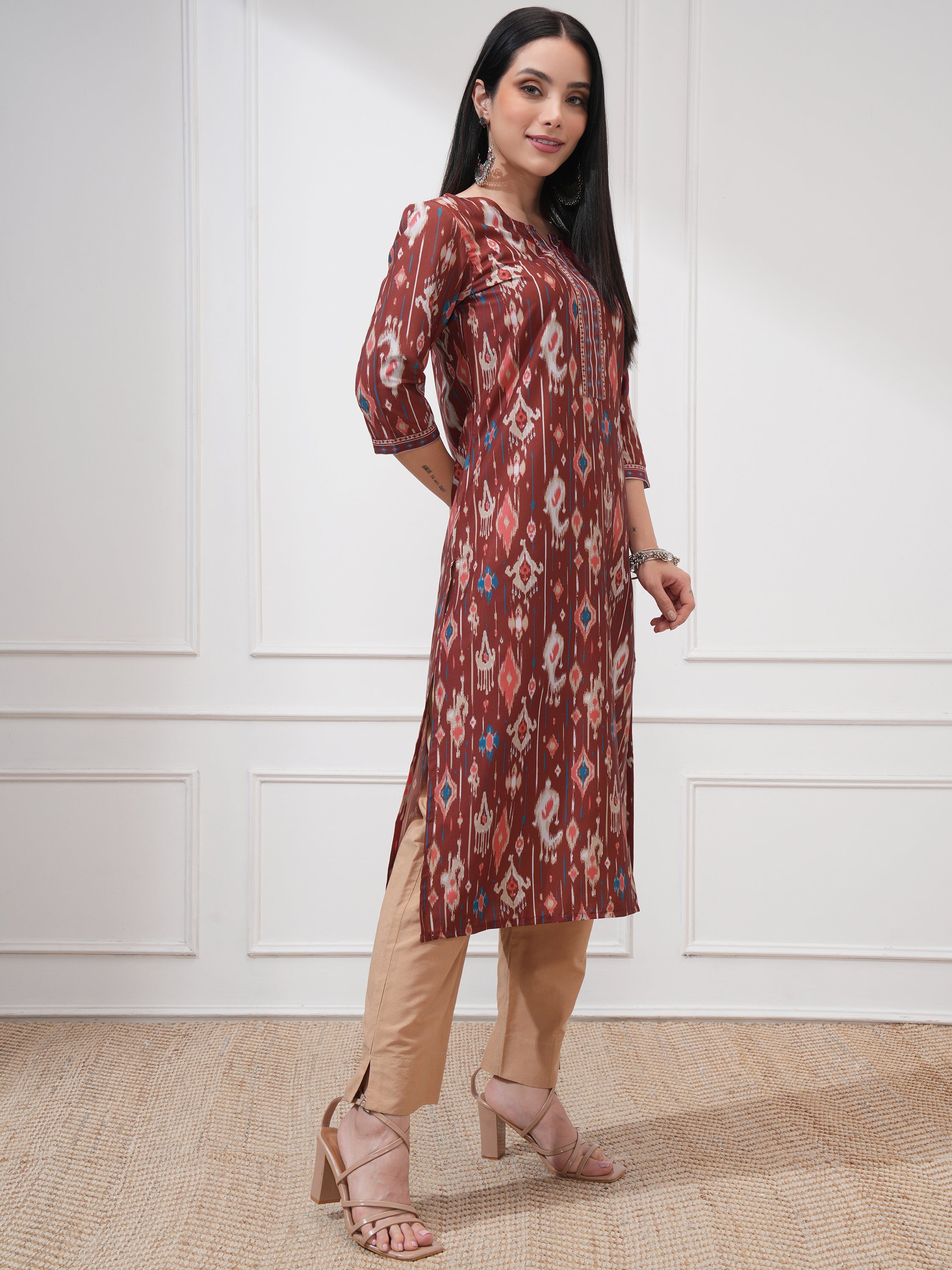 Vishudh Women Brown Printed Straight Kurta - Brown - Image 6