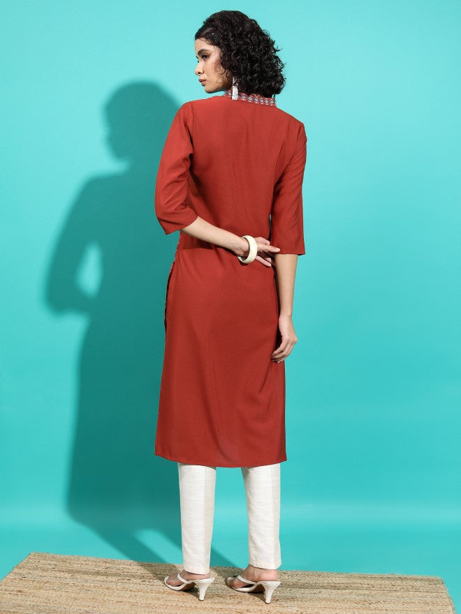 Vishudh Women Rust Printed Straight Kurta - Rust - Image 3