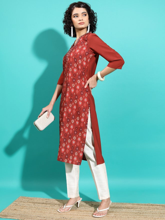 Vishudh Women Rust Printed Straight Kurta - Rust - Image 4
